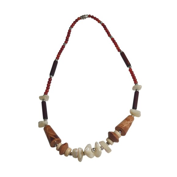 Unique Handmade Natural Beaded Necklace Red Wood Shell Vintage Boho Beach Core - Picture 1 of 5